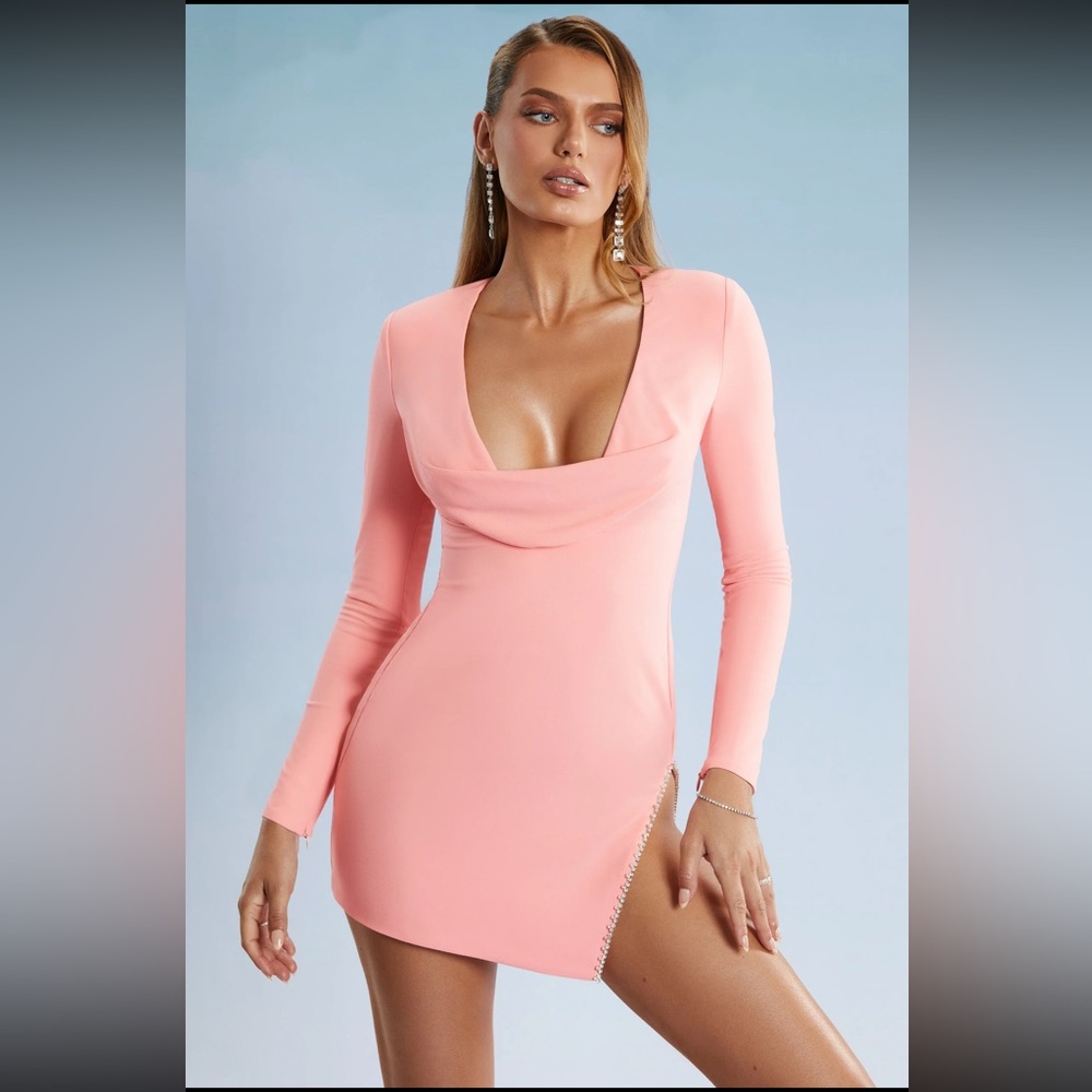 Cowl Neck Thigh Split Mini Dress